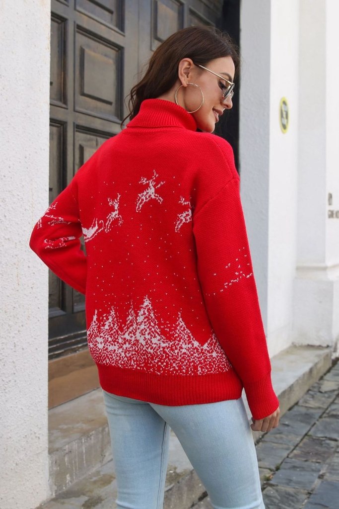 Reindeer & Snow Pattern Turtle Neck Pullover Sweater - Red by Trendsi from FREYA’S CLOSET