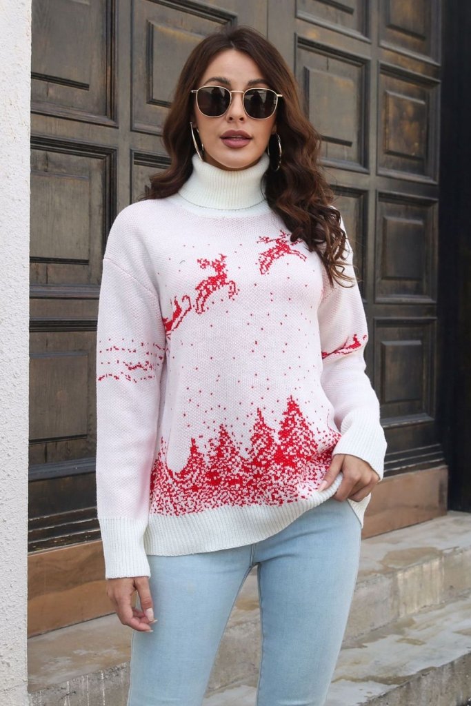 Reindeer & Snow Pattern Turtle Neck Pullover Sweater - White by Trendsi from FREYA’S CLOSET