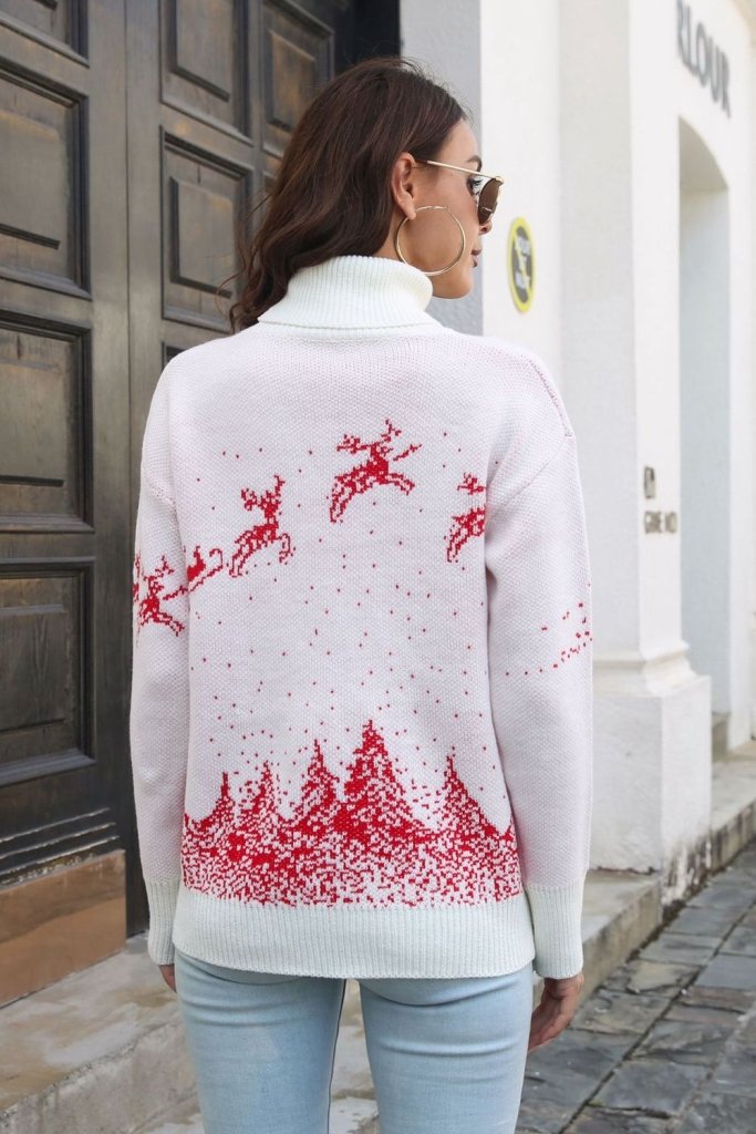 Reindeer & Snow Pattern Turtle Neck Pullover Sweater - White by Trendsi from FREYA’S CLOSET