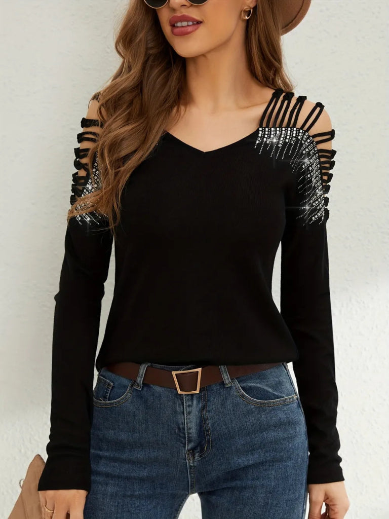 Rhinestone Cutout Long Sleeve T-Shirt - Black by Trendsi from FREYA’S CLOSET