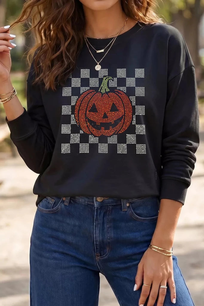 Rhinestone Pumpkin Long Sleeve Sweatshirt - Black by Trendsi from FREYA’S CLOSET