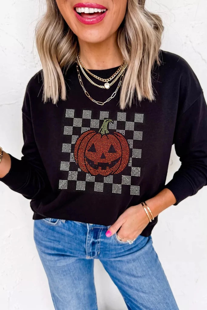 Rhinestone Pumpkin Long Sleeve Sweatshirt - Black by Trendsi from FREYA’S CLOSET