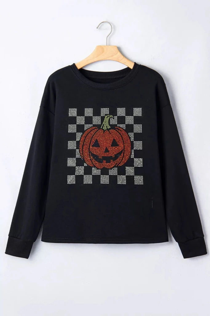 Rhinestone Pumpkin Long Sleeve Sweatshirt - Black by Trendsi from FREYA’S CLOSET