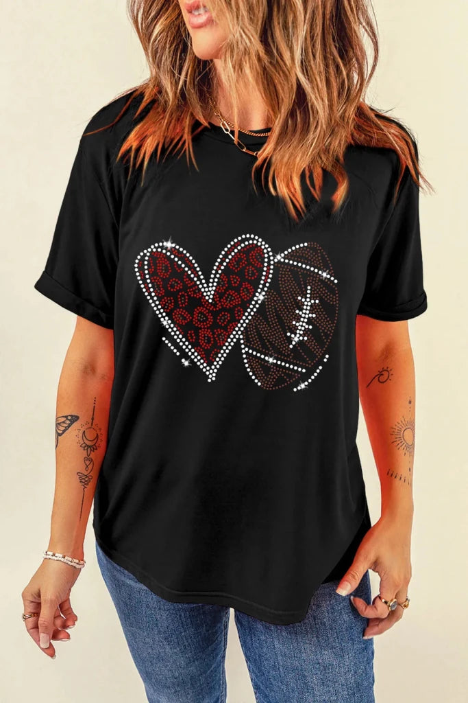 Rhinestone Round Neck Short Sleeve T-Shirt - Black by Trendsi from FREYA’S CLOSET