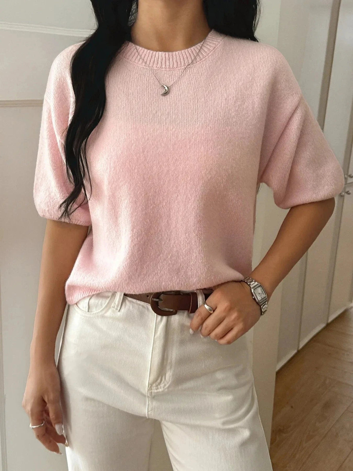 Trendsi Pale Blush / S Ribbed Hem Round Neck Sweater