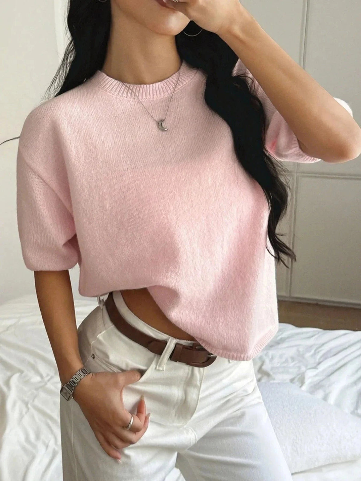 Trendsi Ribbed Hem Round Neck Sweater