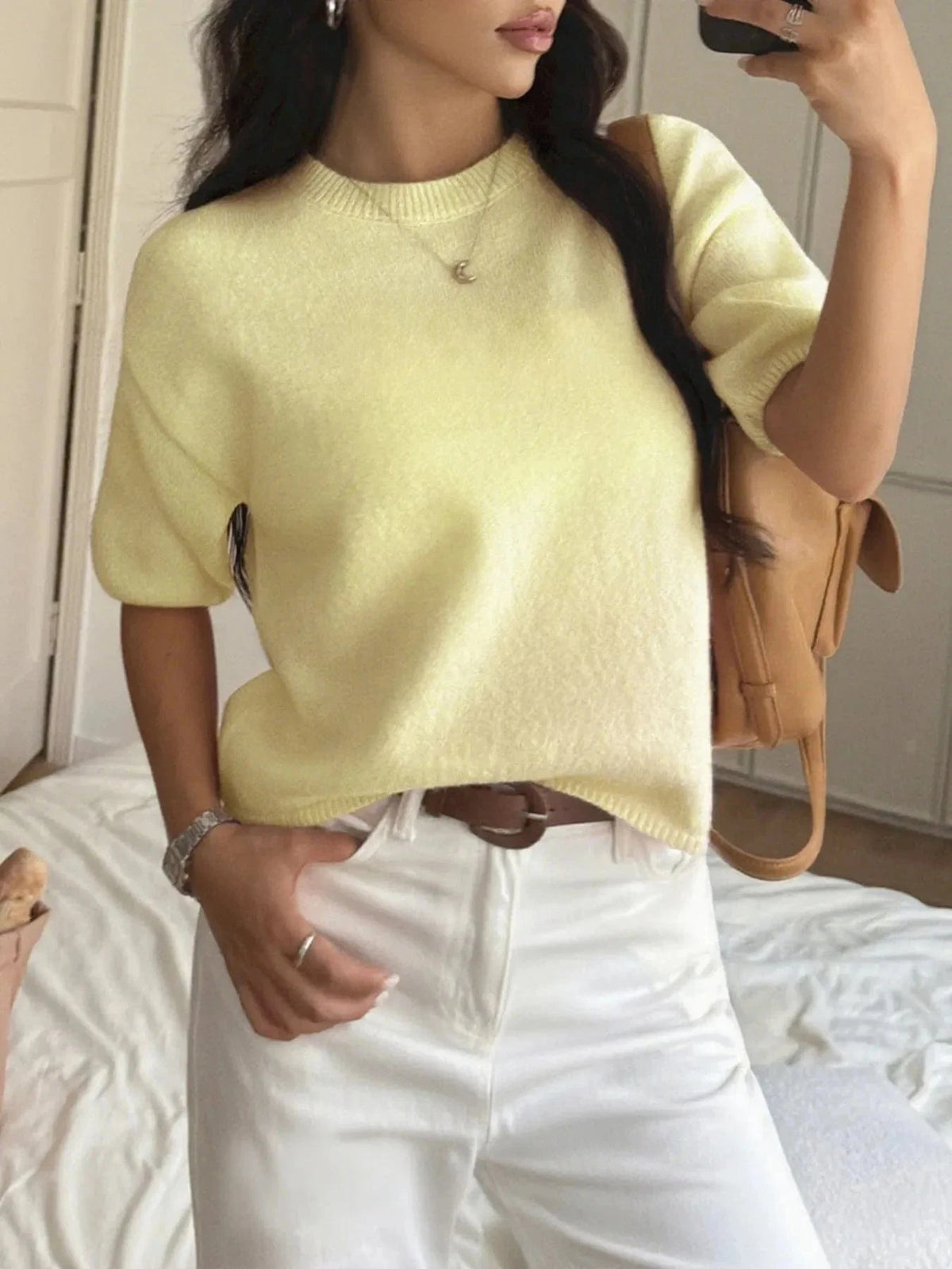 Trendsi Yellow / S Ribbed Hem Round Neck Sweater