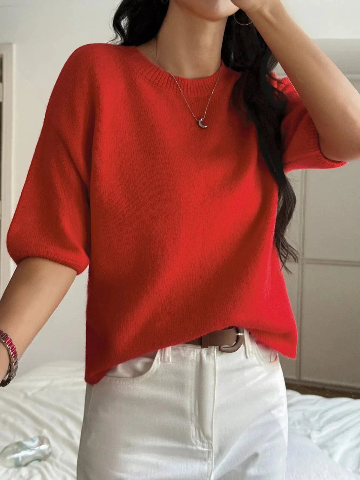 Trendsi Deep Red / S Ribbed Hem Round Neck Sweater