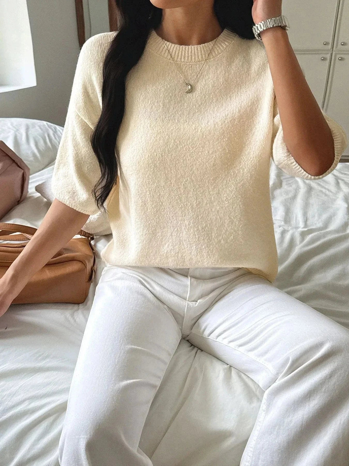 Trendsi Camel / S Ribbed Hem Round Neck Sweater