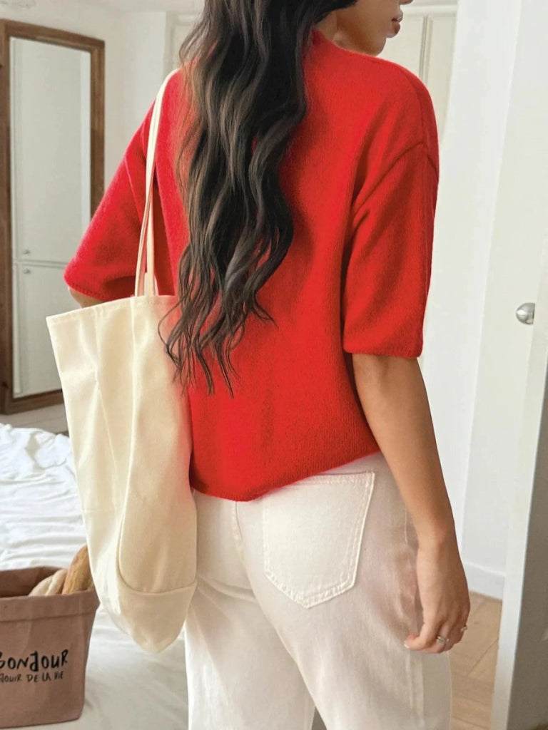 Ribbed Hem Round Neck Sweater - Deep Red by Trendsi from FREYA’S CLOSET