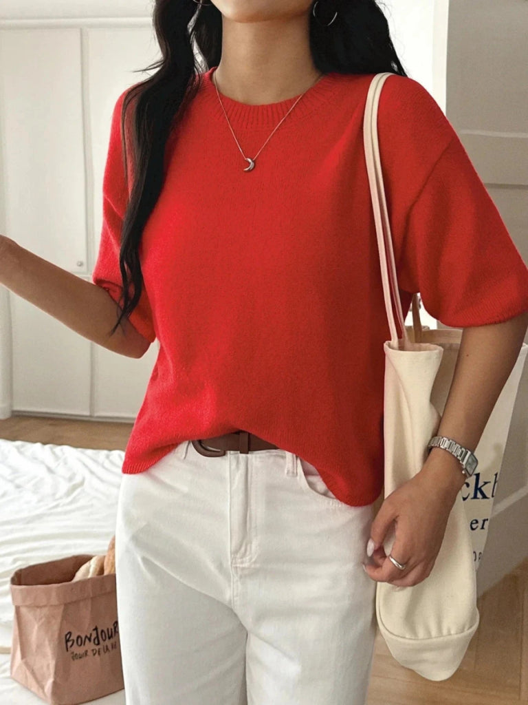 Ribbed Hem Round Neck Sweater - Deep Red by Trendsi from FREYA’S CLOSET