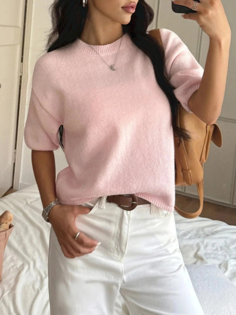 Ribbed Hem Round Neck Sweater - Pale Blush by Trendsi from FREYA’S CLOSET