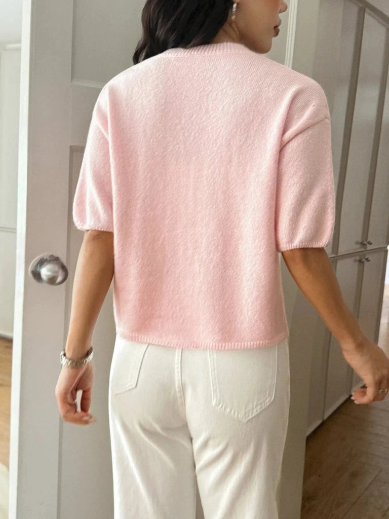Ribbed Hem Round Neck Sweater - Pale Blush by Trendsi from FREYA’S CLOSET