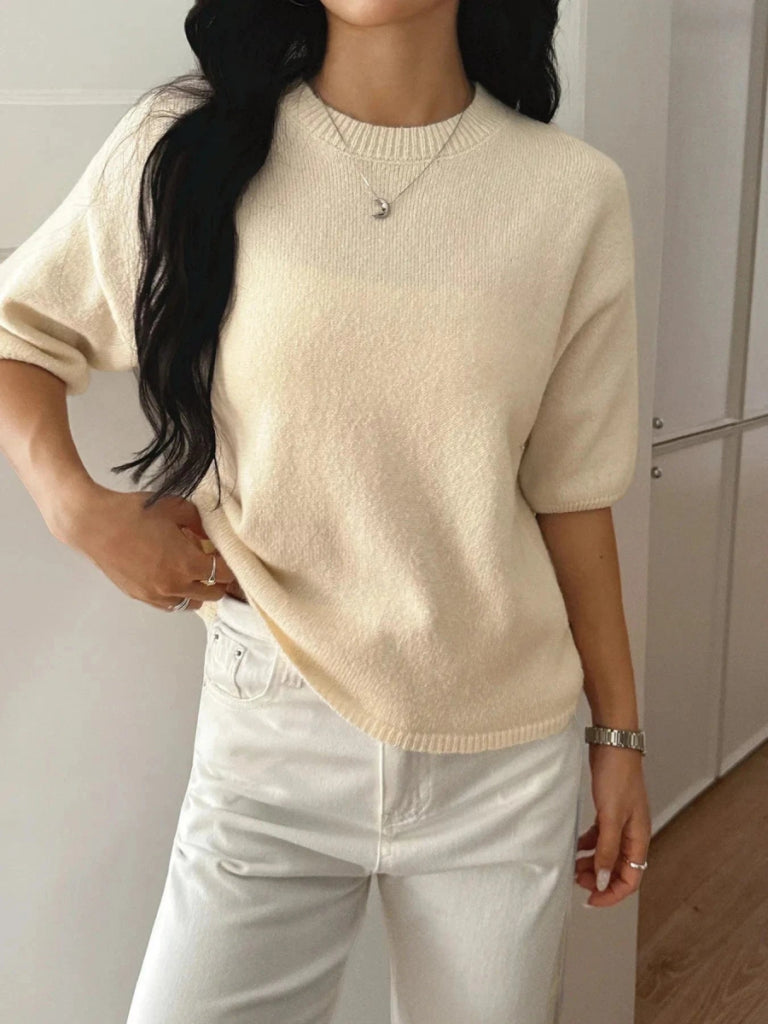 Ribbed Hem Round Neck Sweater - Camel by Trendsi from FREYA’S CLOSET