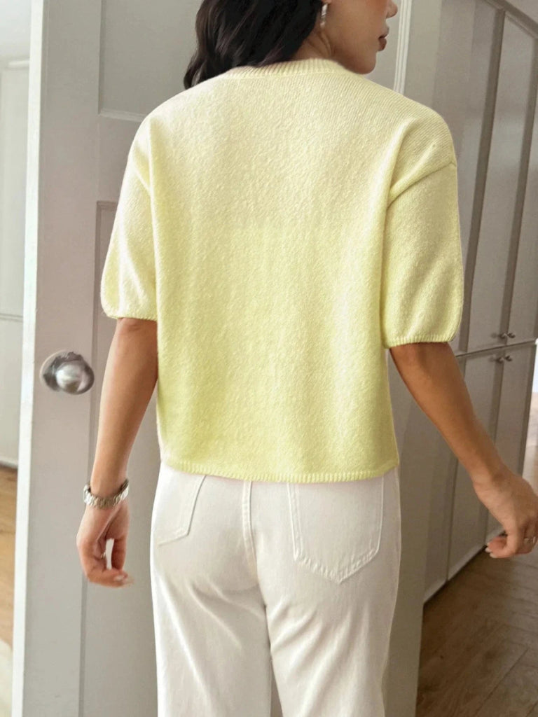 Ribbed Hem Round Neck Sweater - Yellow by Trendsi from FREYA’S CLOSET