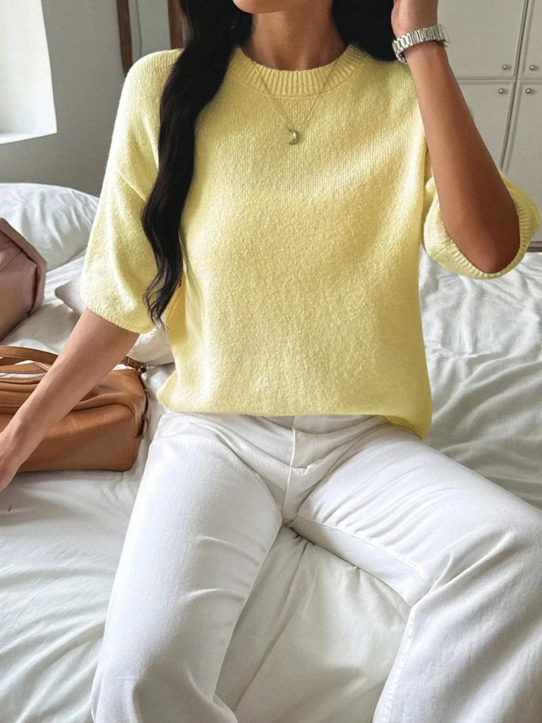 Ribbed Hem Round Neck Sweater - Yellow by Trendsi from FREYA’S CLOSET