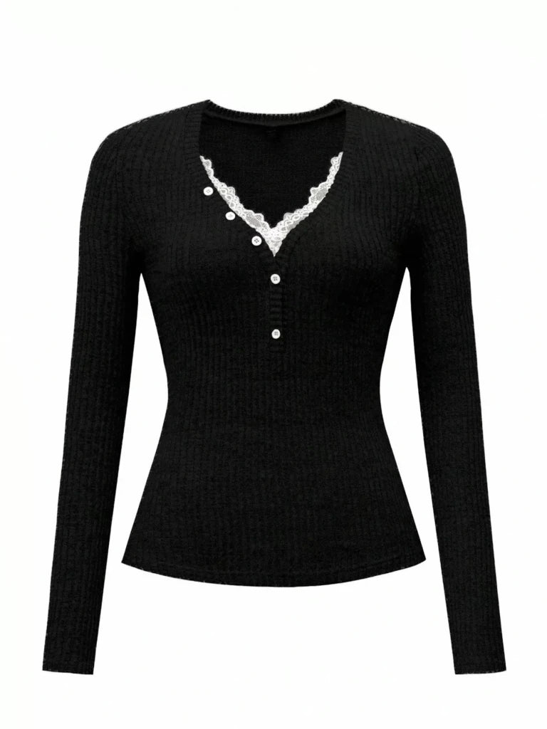 Ribbed knit lace trim T-shirt, alternate product image
