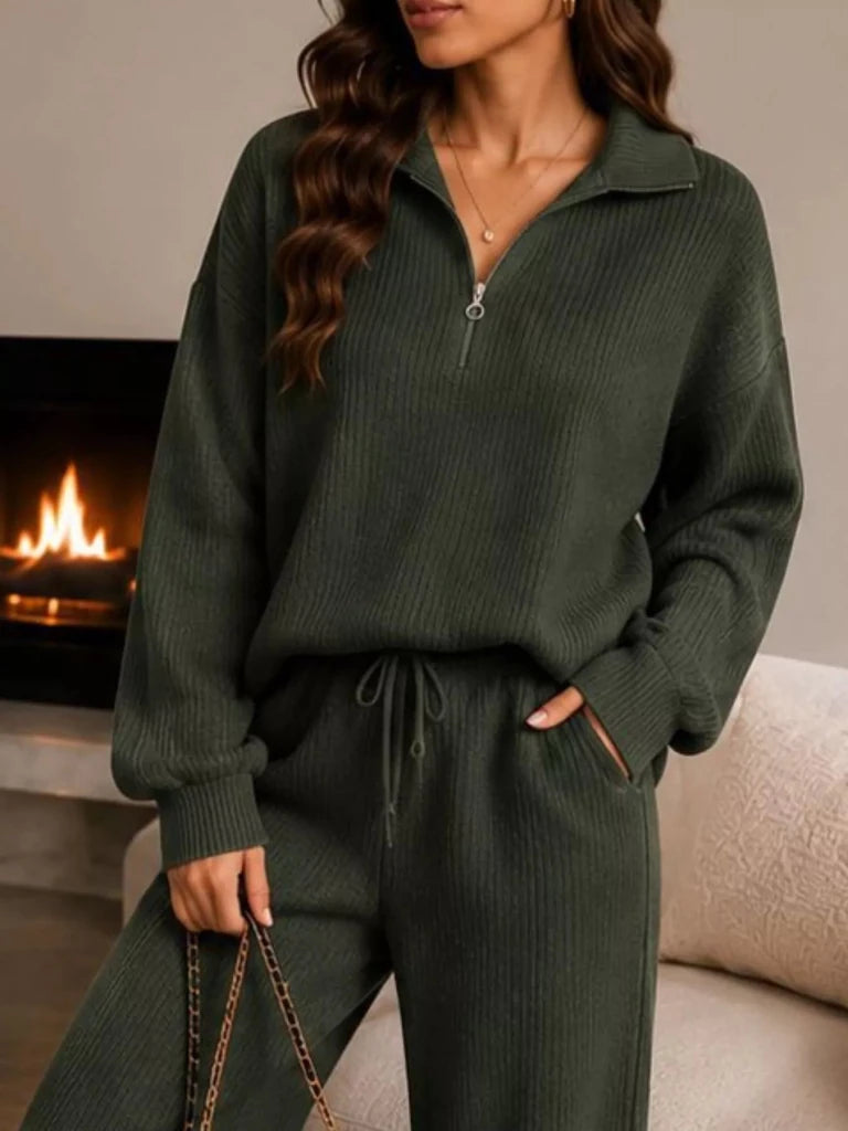 Ribbed knit quarter-zip top and wide-leg pants set, alternate product image