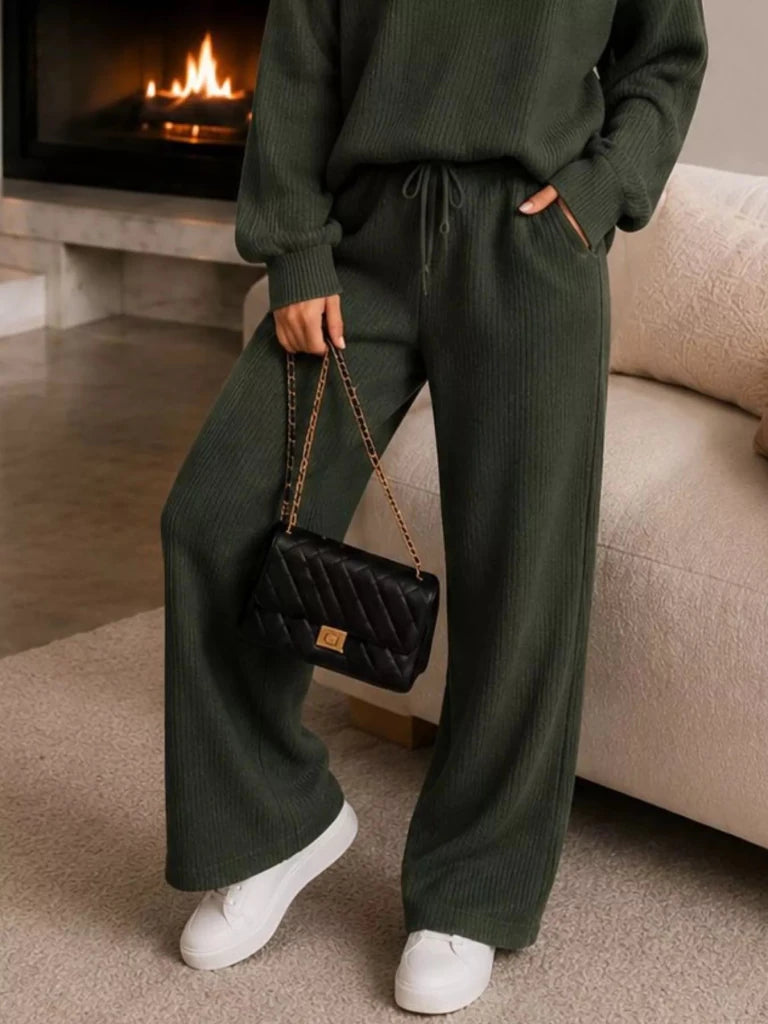 Ribbed knit quarter-zip top and wide-leg pants set, alternate product image