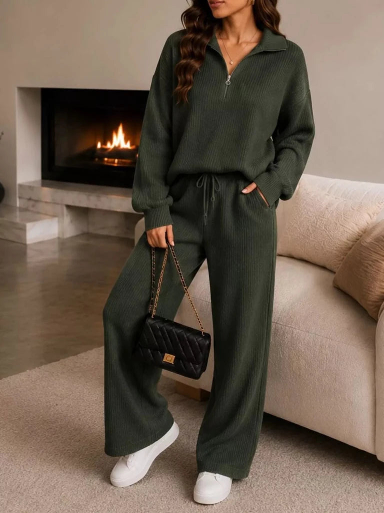 Ribbed knit quarter-zip top and wide-leg pants set, alternate product image