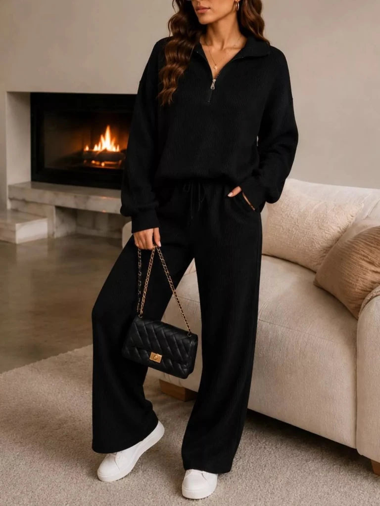 Ribbed knit quarter-zip top and wide-leg pants set, alternate product image