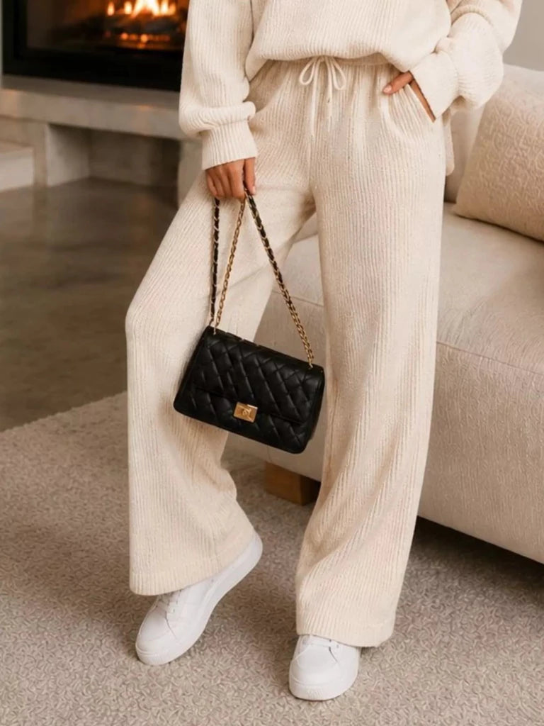 Ribbed knit quarter-zip top and wide-leg pants set, alternate product image
