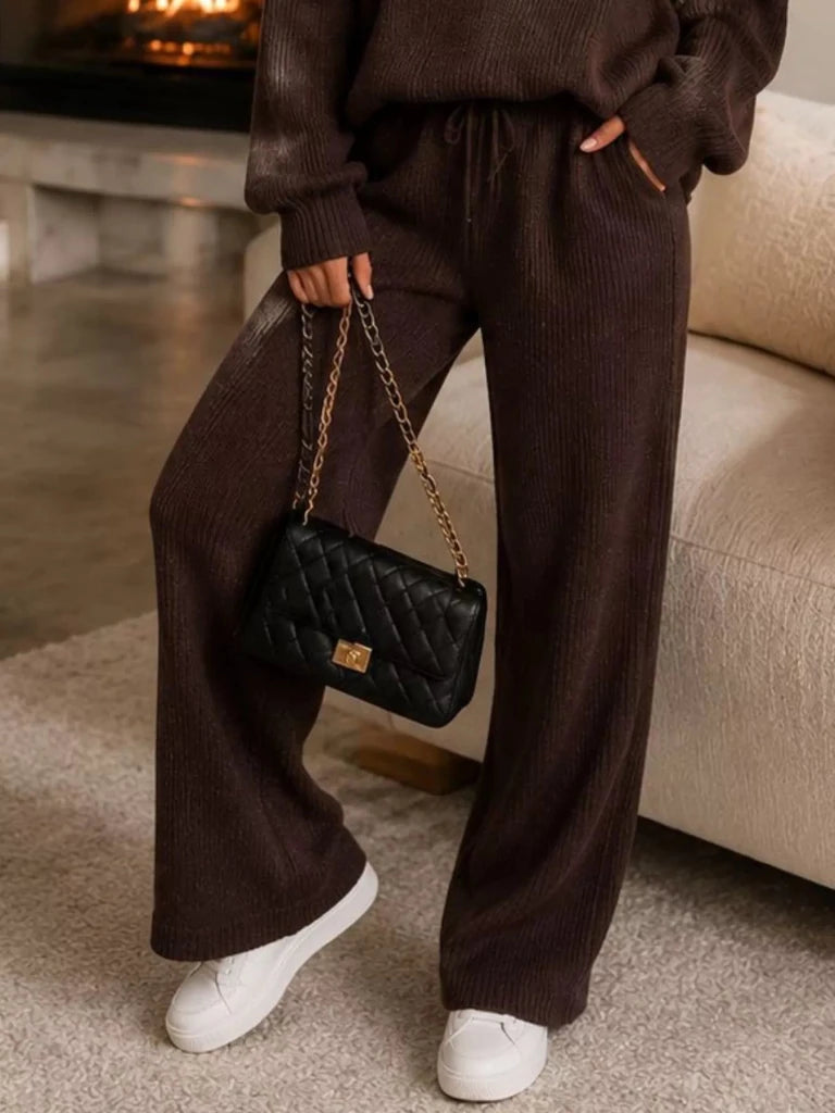 Ribbed knit quarter-zip top and wide-leg pants set, alternate product image