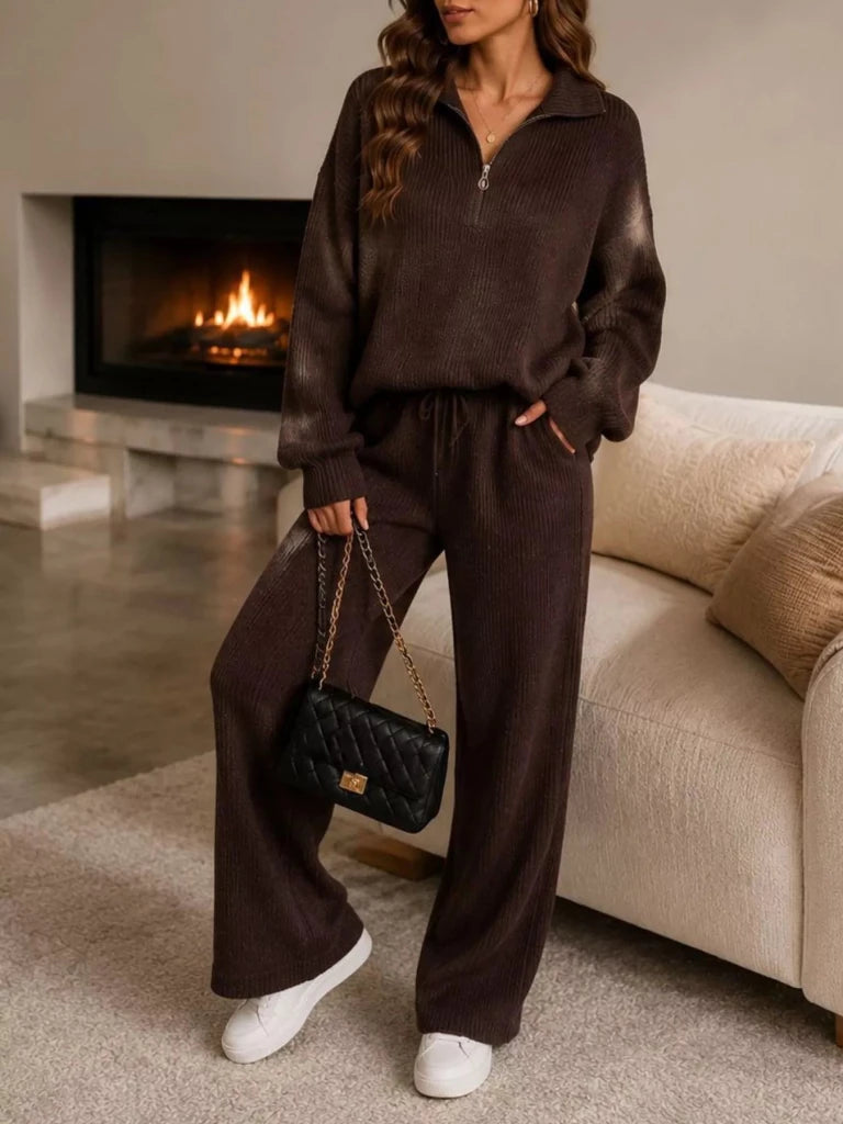Ribbed knit quarter-zip top and wide-leg pants set, alternate product image