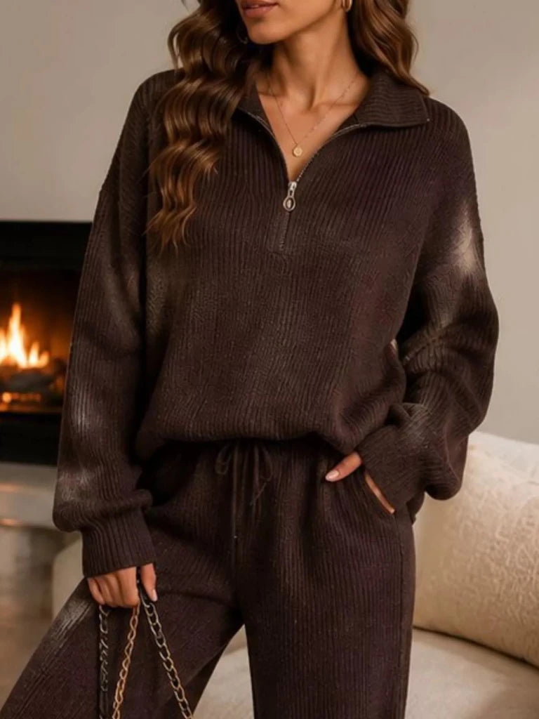 Ribbed knit quarter-zip top and wide-leg pants set, alternate product image