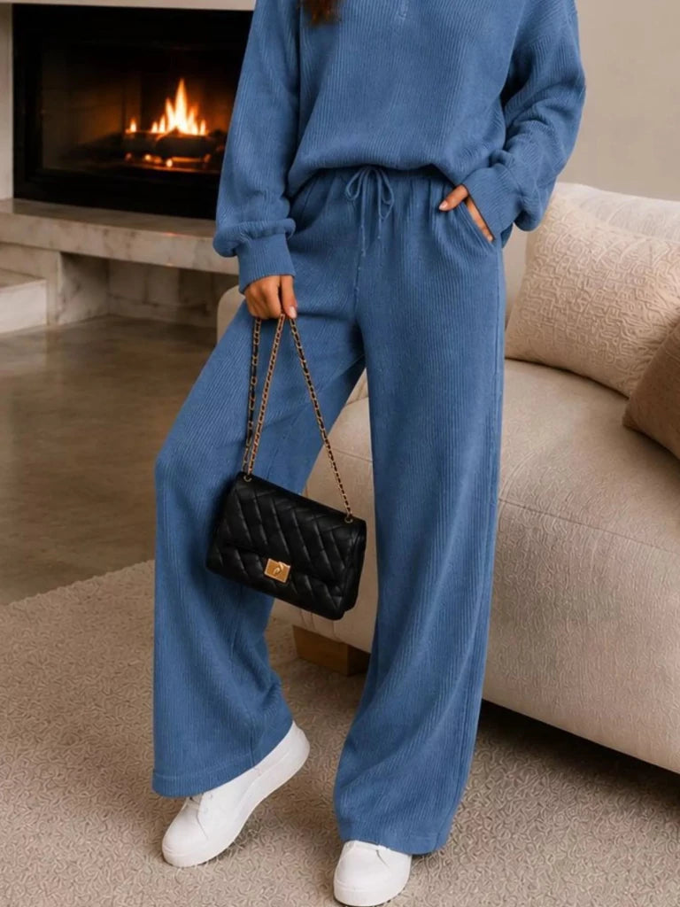 Ribbed knit quarter-zip top and wide-leg pants set, alternate product image
