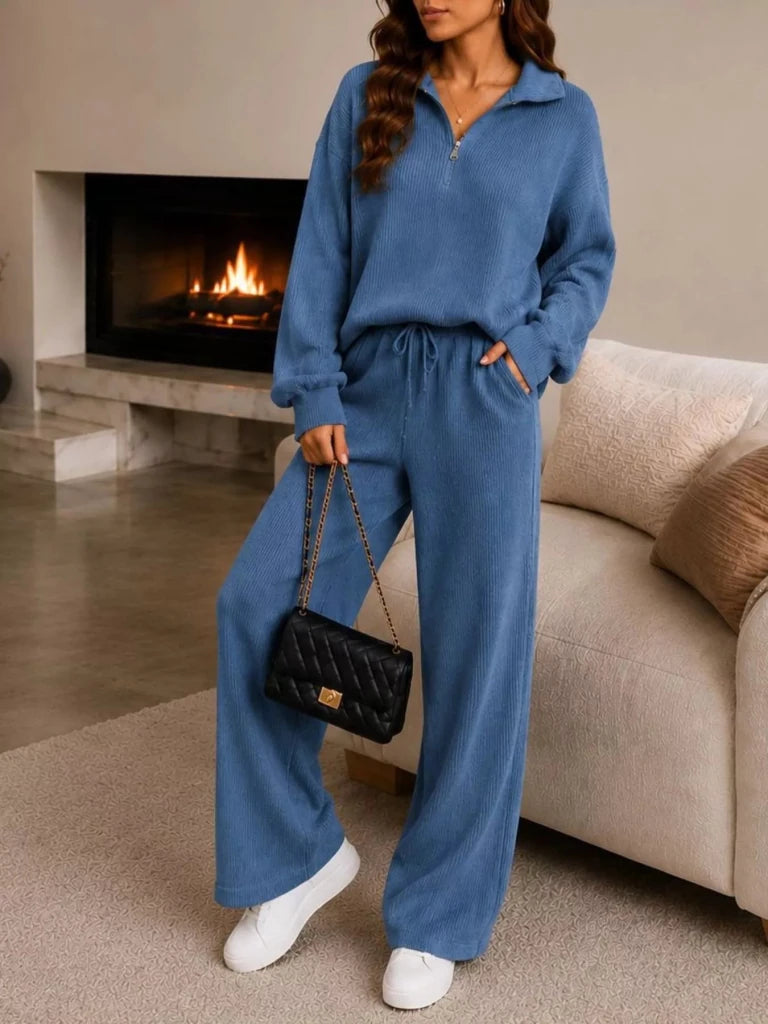 Ribbed knit quarter-zip top and wide-leg pants set, alternate product image