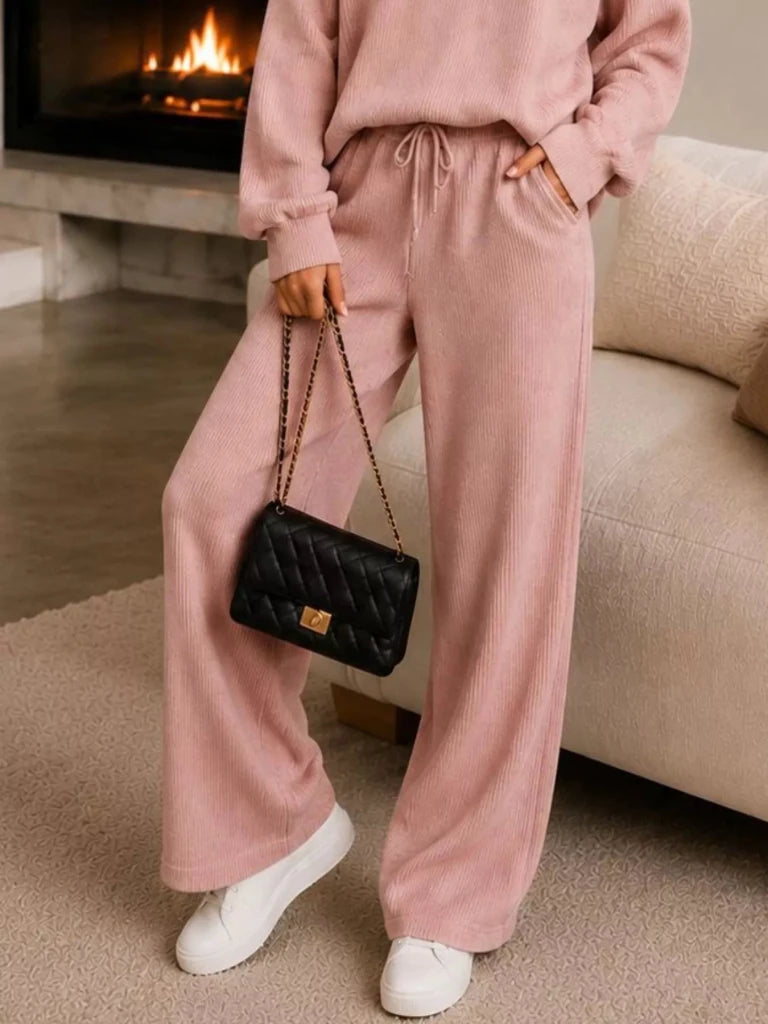 Ribbed knit quarter-zip top and wide-leg pants set, alternate product image