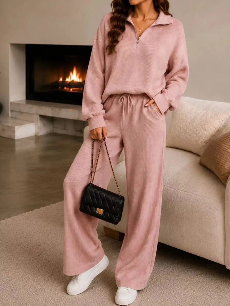 Ribbed knit quarter-zip top and wide-leg pants set, alternate product image