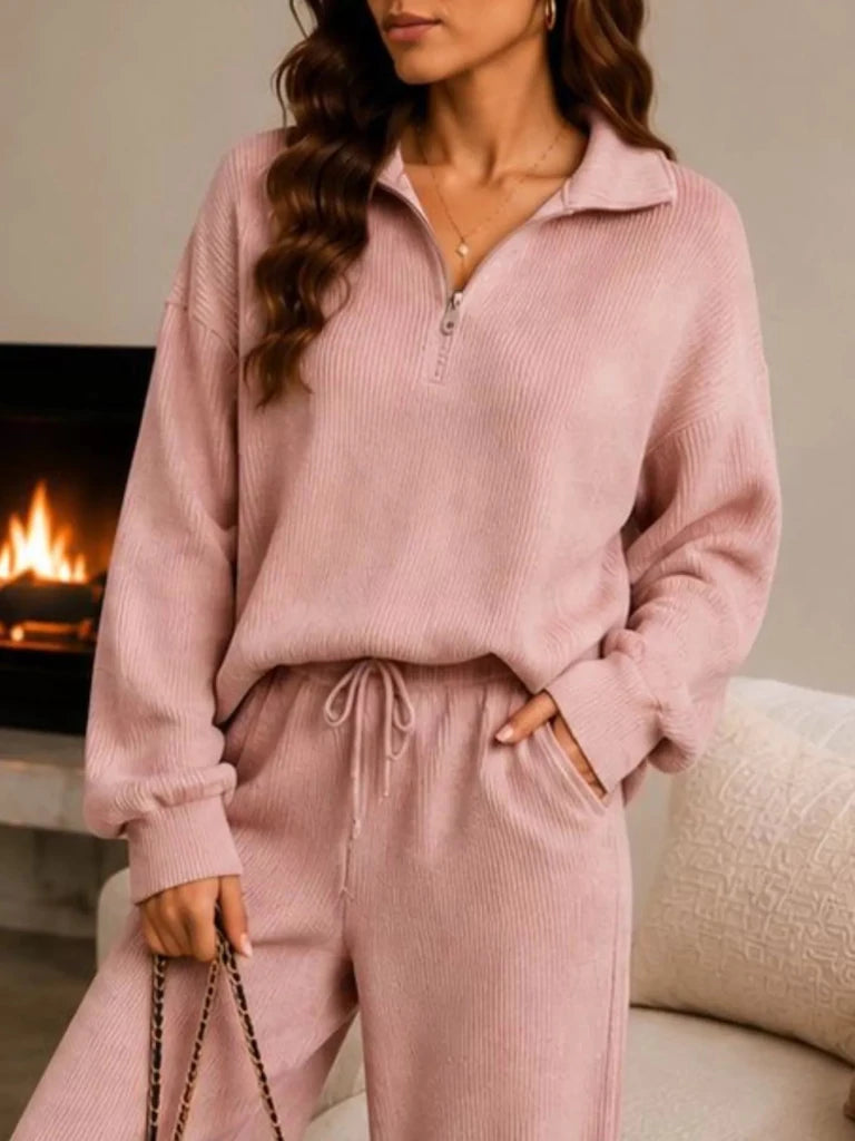 Ribbed knit quarter-zip top and wide-leg pants set, alternate product image