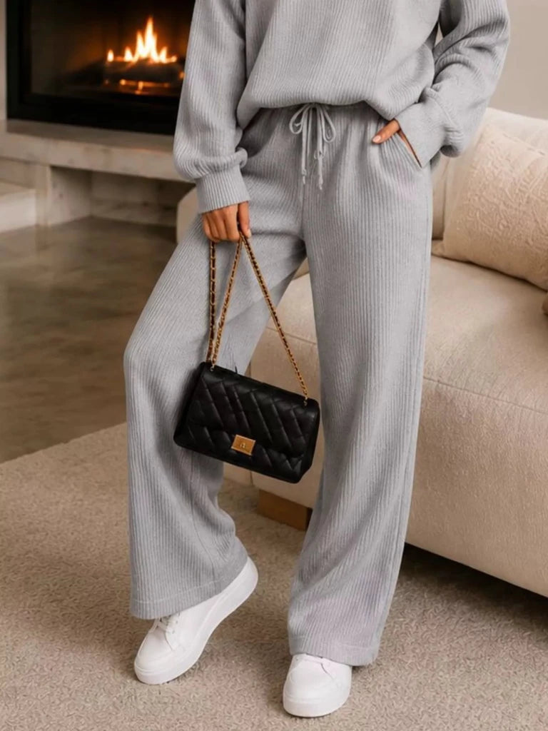 Ribbed knit quarter-zip top and wide-leg pants set, alternate product image
