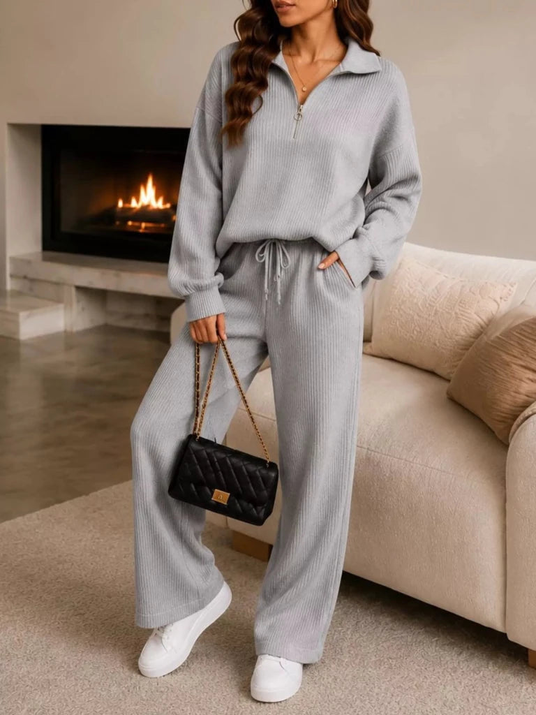 Ribbed knit quarter-zip top and wide-leg pants set, alternate product image