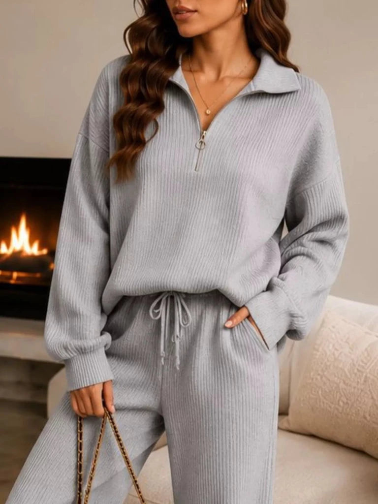 Ribbed knit quarter-zip top and wide-leg pants set, alternate product image