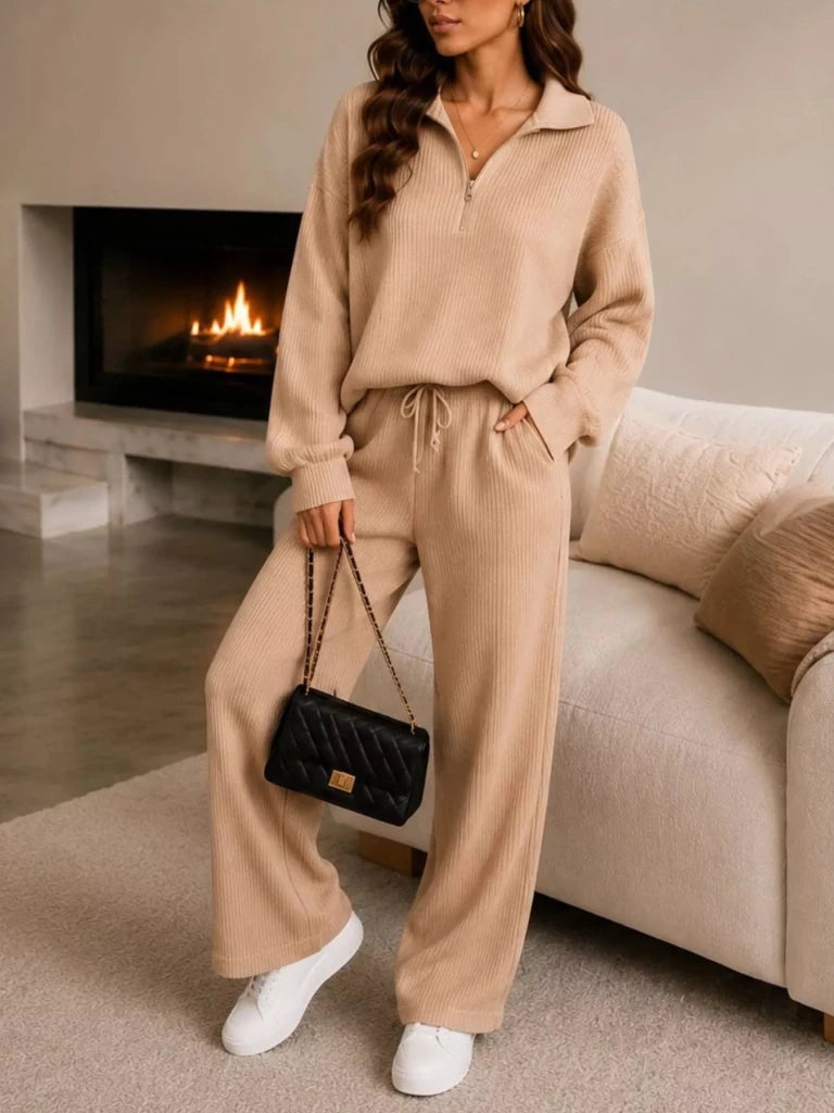 Ribbed knit quarter-zip top and wide-leg pants set, alternate product image