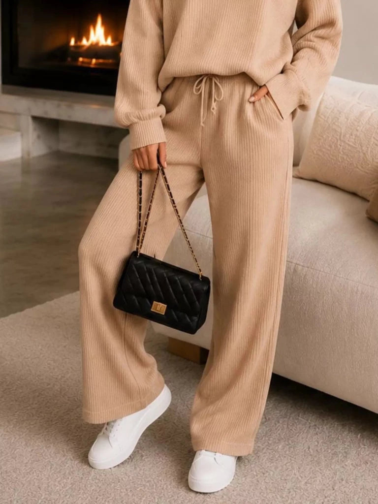 Ribbed knit quarter-zip top and wide-leg pants set, alternate product image