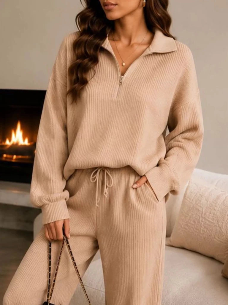 Ribbed knit quarter-zip top and wide-leg pants set, alternate product image