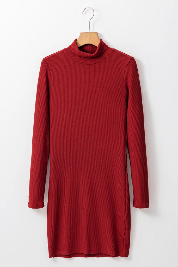 Ribbed Mock Neck Long Sleeve Mini Dress - Racing Red by Trendsi from FREYA’S CLOSET