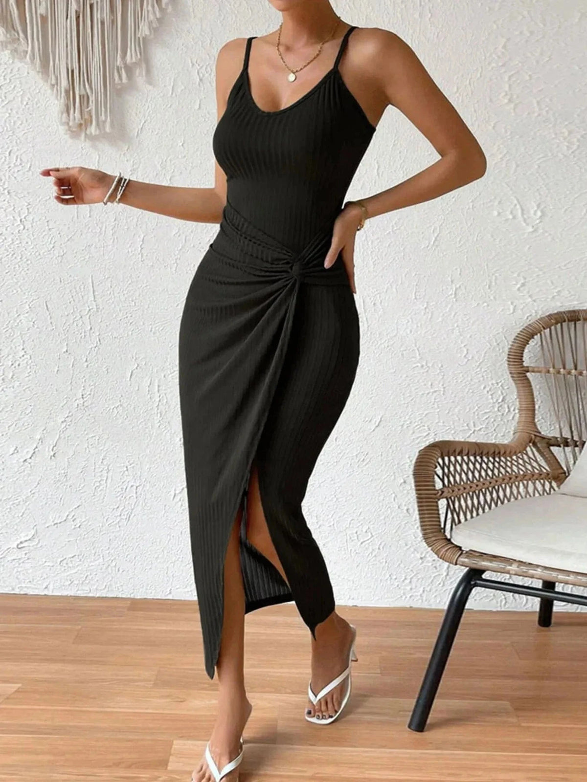 Trendsi Dresses Ribbed Wrap Midi Dress with Side Slit