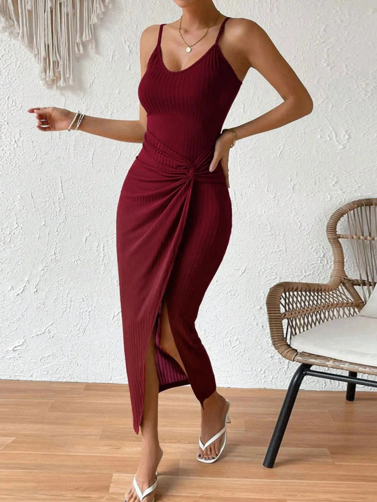 Trendsi Dresses Ribbed Wrap Midi Dress with Side Slit