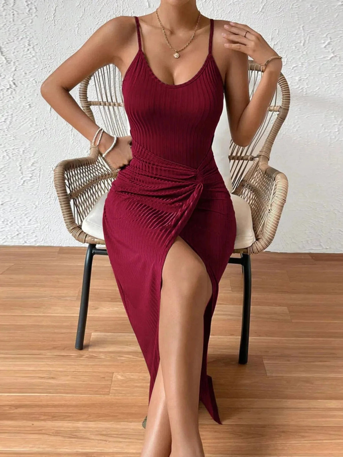 Trendsi Dresses Wine Red / XS Ribbed Wrap Midi Dress with Side Slit