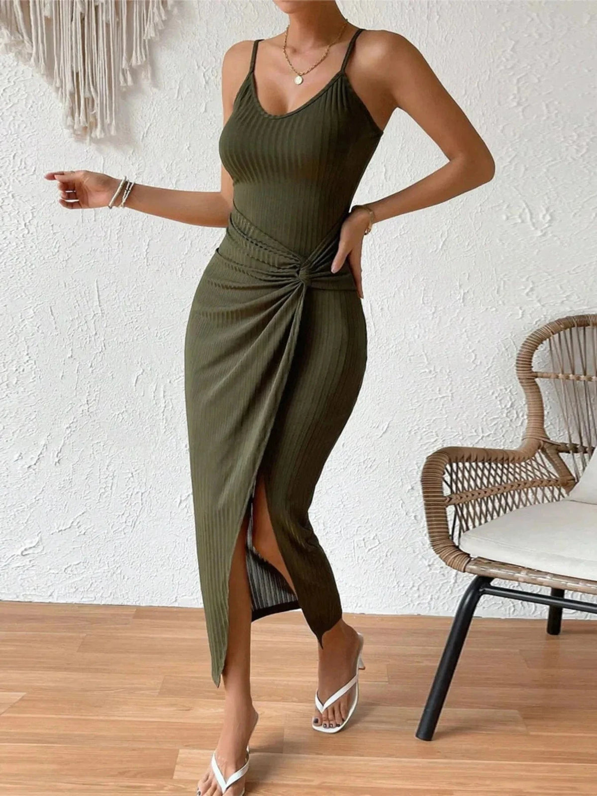 Trendsi Dresses Army Green / XS Ribbed Wrap Midi Dress with Side Slit