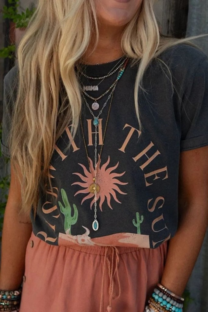 RISE WITH THE SUN Graphic Round Neck Short Sleeve T-Shirt - Dark Gray by Trendsi from FREYA’S CLOSET