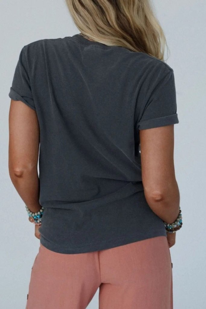 RISE WITH THE SUN Graphic Round Neck Short Sleeve T-Shirt - Dark Gray by Trendsi from FREYA’S CLOSET