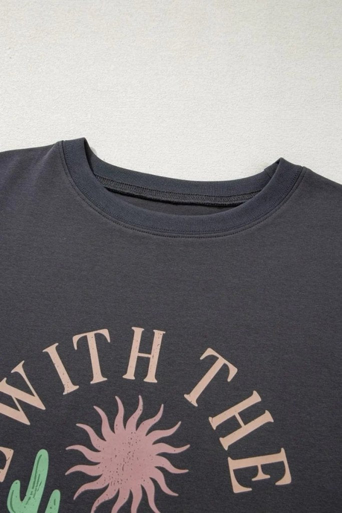 RISE WITH THE SUN Graphic Round Neck Short Sleeve T-Shirt - Dark Gray by Trendsi from FREYA’S CLOSET