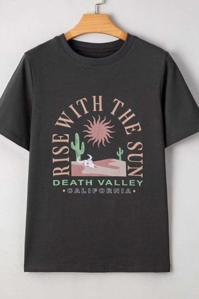 RISE WITH THE SUN Graphic Round Neck Short Sleeve T-Shirt - Dark Gray by Trendsi from FREYA’S CLOSET