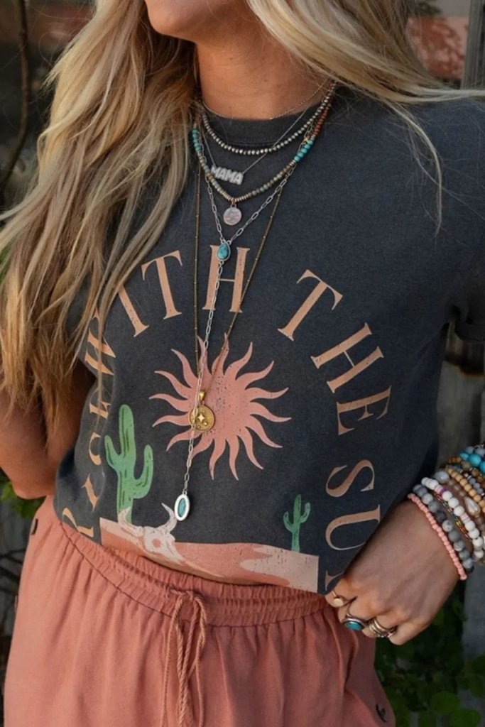 RISE WITH THE SUN Graphic Round Neck Short Sleeve T-Shirt - Dark Gray by Trendsi from FREYA’S CLOSET